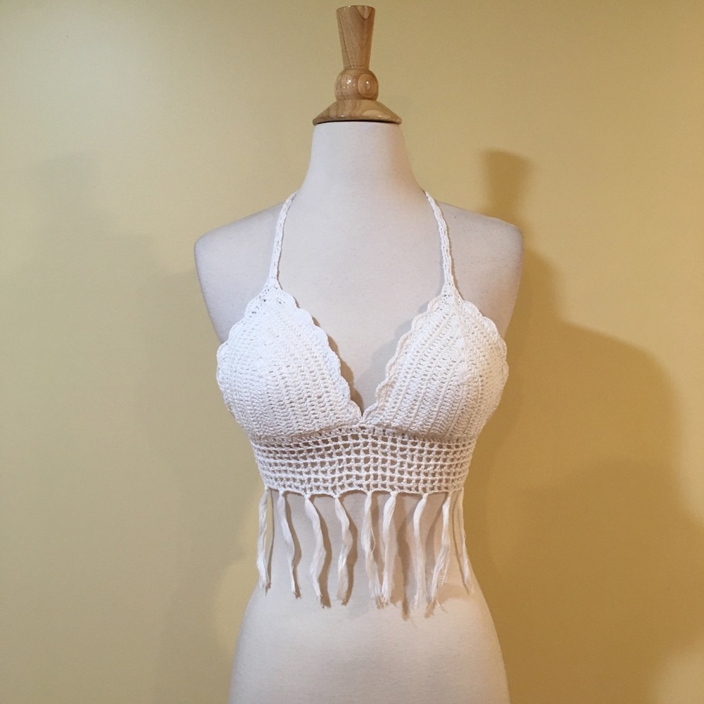 Crochet Fringe Tie Back Halter Top White - Picture 2 of 4